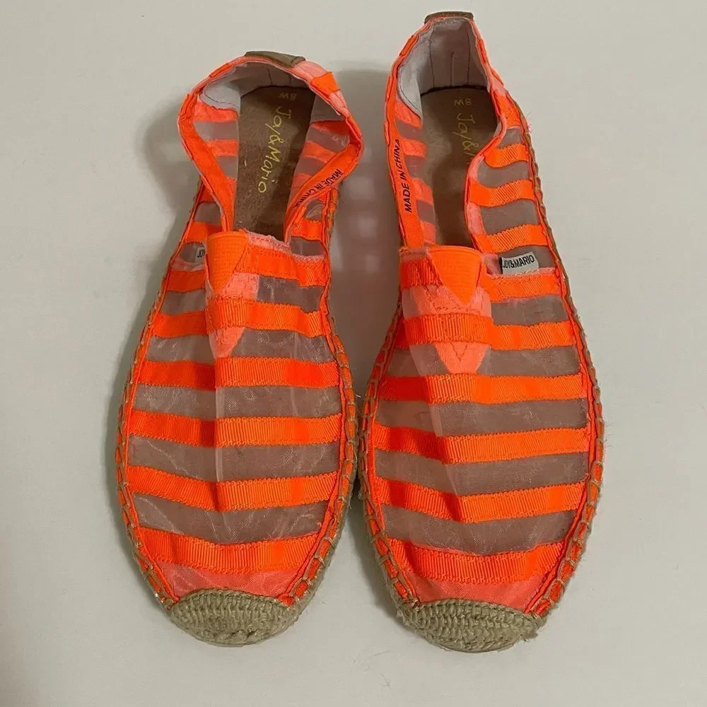 Jay & Mario Neon Orange Striped Sheer Mesh Slip On Espadrilles Size 8 New